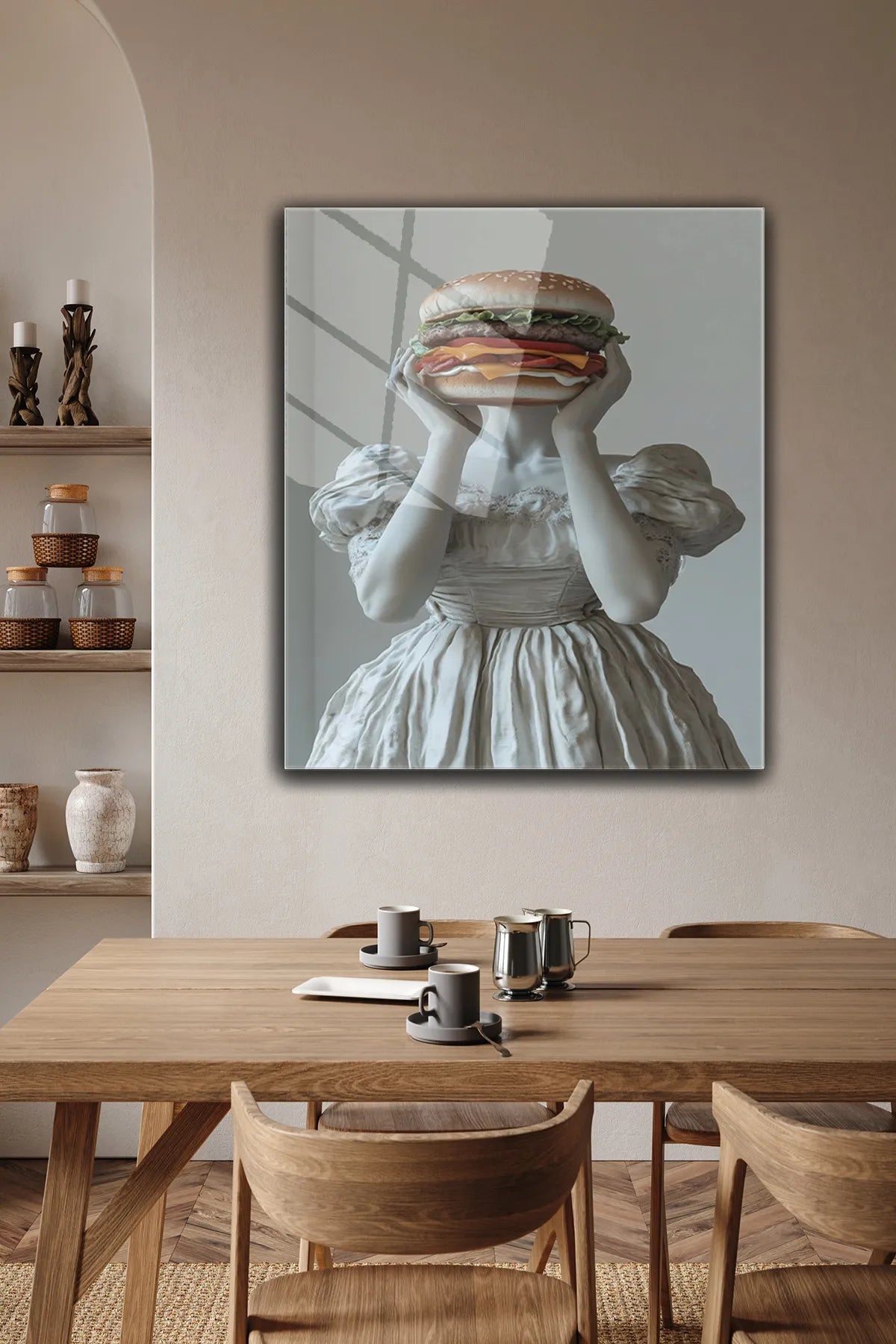 Beyaz Hamburger Tutan Kadın Desen, 4 mm Temperli Kırılmaz, UV Baskı, Cam Tablo