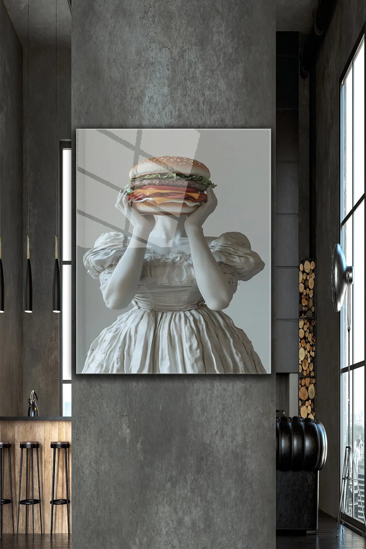 Beyaz Hamburger Tutan Kadın Desen, 4 mm Temperli Kırılmaz, UV Baskı, Cam Tablo