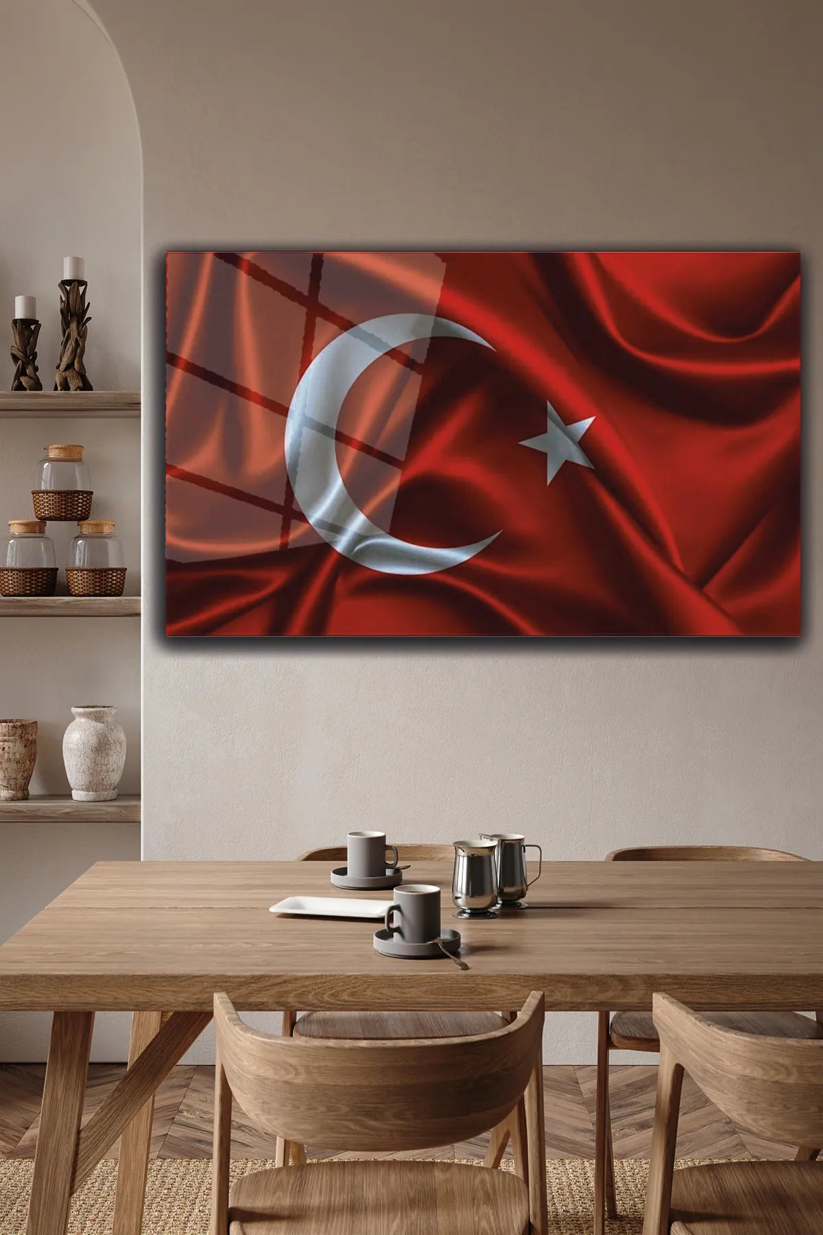 Kırmızı, Dalgalanan Türk Bayrağı Desen, 4 mm Temperli, Kırılmaz, UV Baskı Cam Tablo