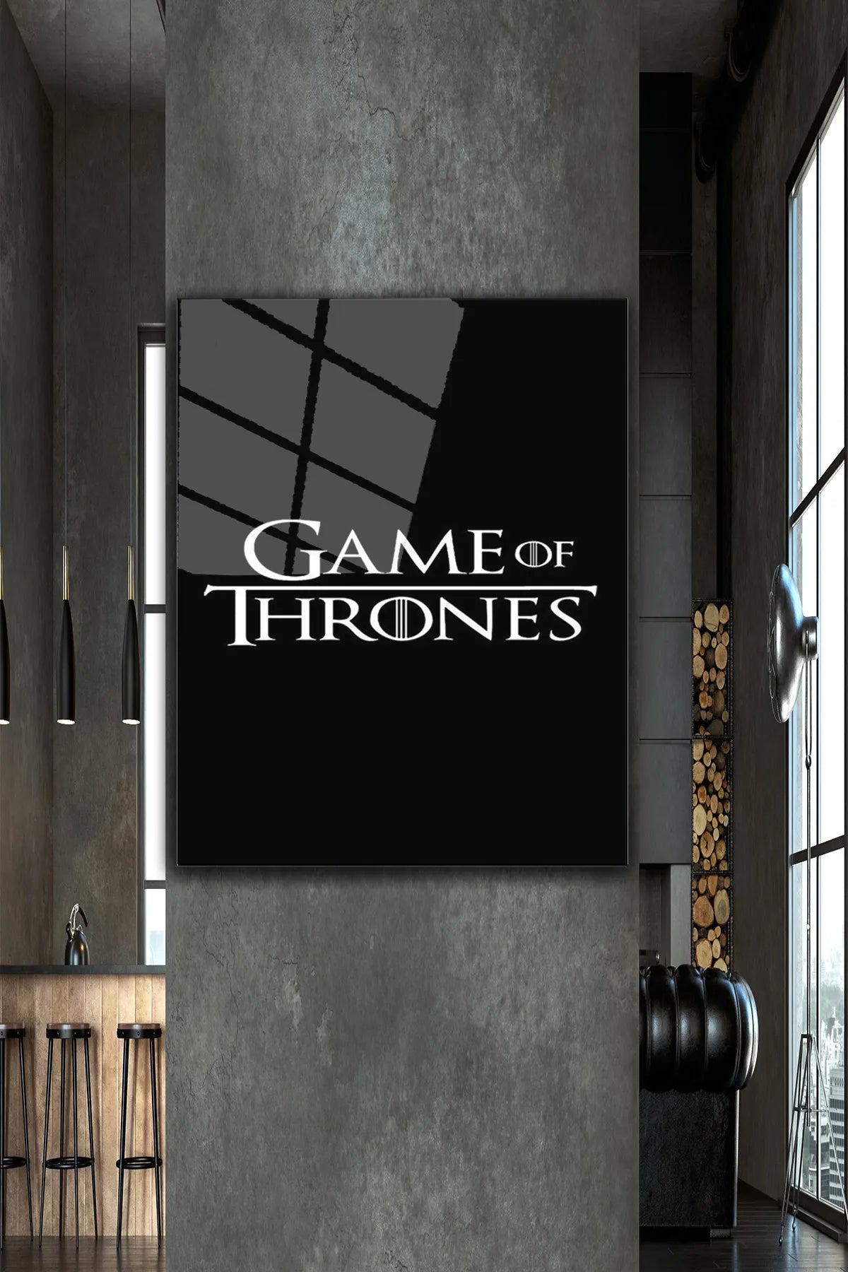 Siyah Game of Thrones Dizi Temalı, 4 mm Temperli Kırılmaz, UV Baskı Cam Tablo