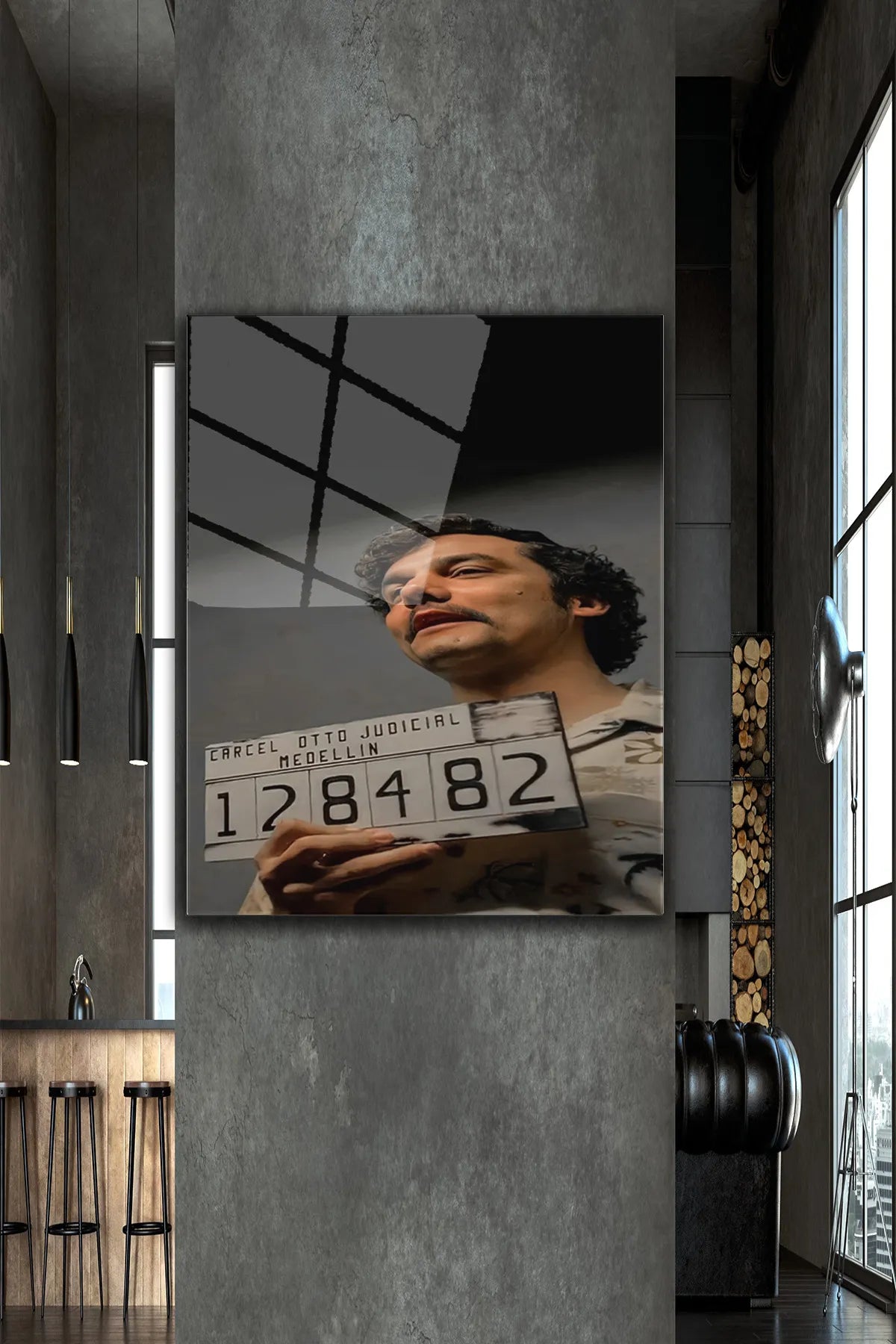 Siyah Pablo Escobar, 4 mm Temperli Kırılmaz, UV Baskı, Cam Tablo