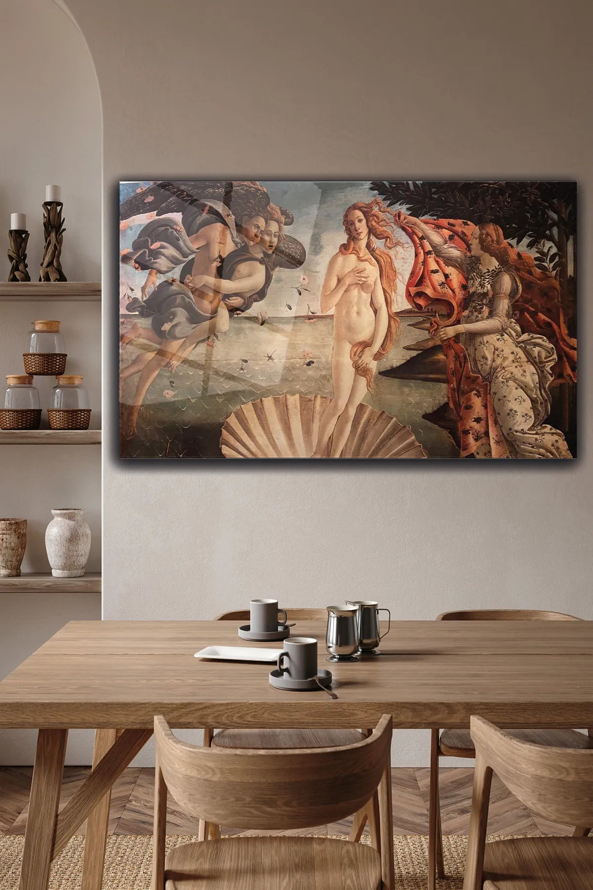 Çok Renkli Sandro Botticelli Venüs'ün Doğuşu, 4 mm Temperli Kırılmaz UV Baskı, Cam Tablo, Mitolojik Tablo