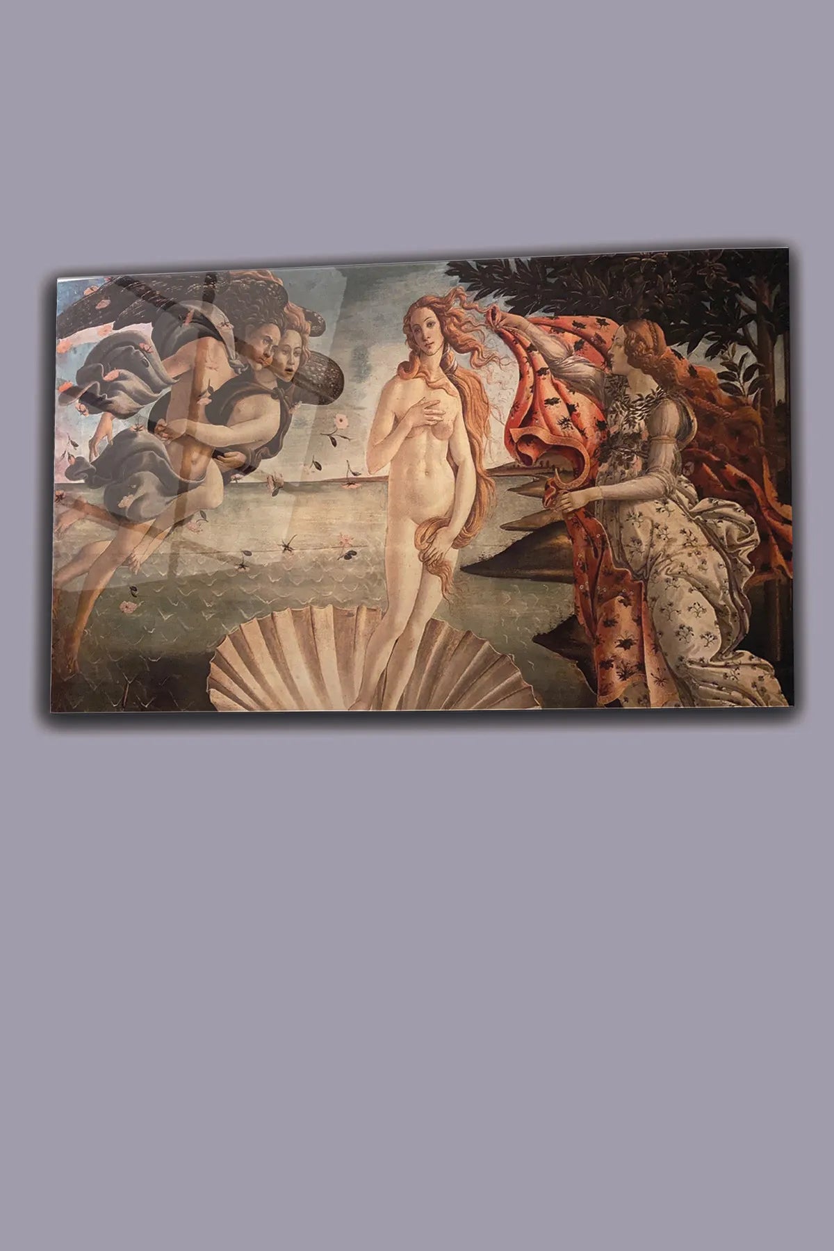 Çok Renkli Sandro Botticelli Venüs'ün Doğuşu, 4 mm Temperli Kırılmaz UV Baskı, Cam Tablo, Mitolojik Tablo