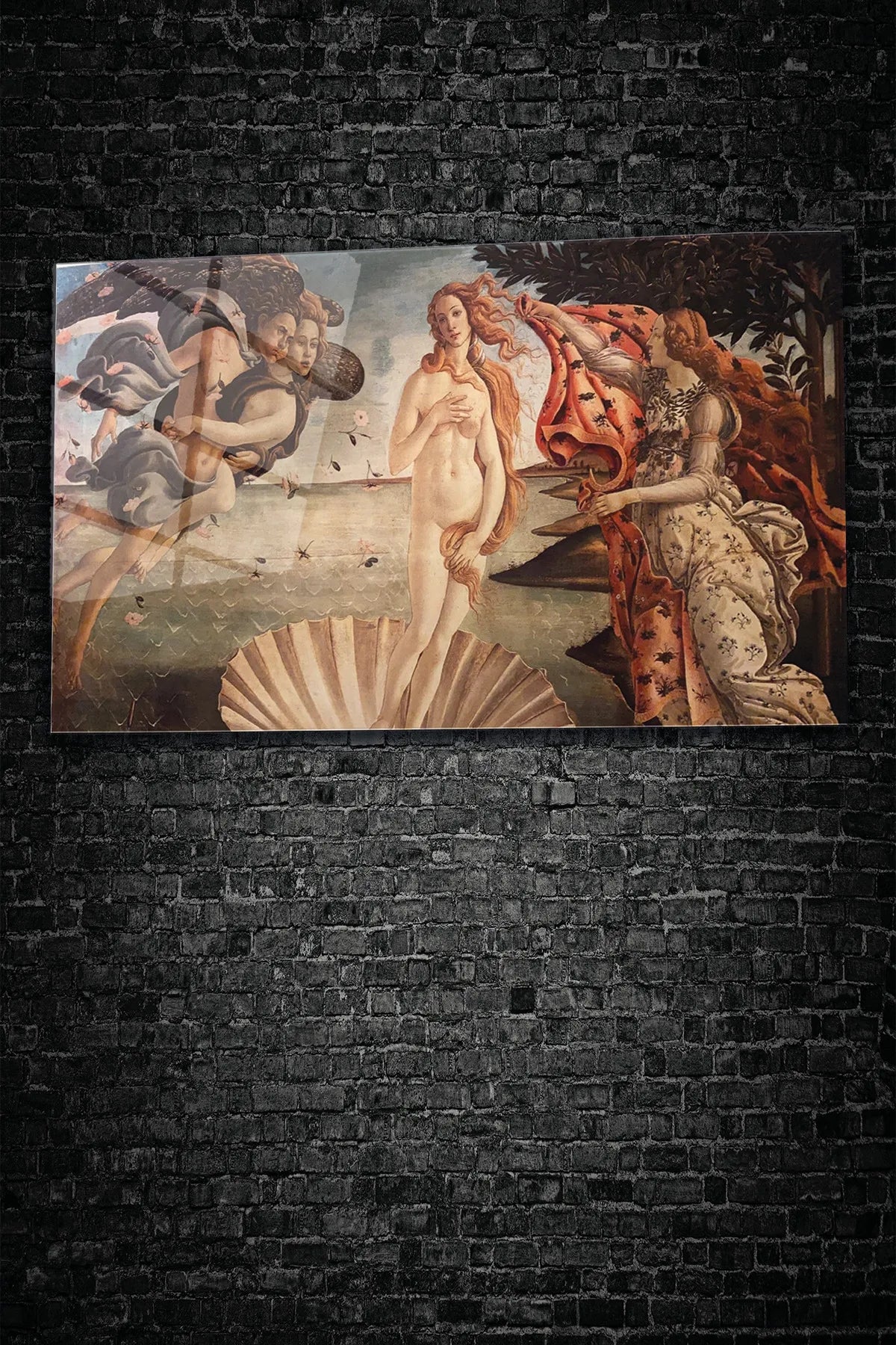 Çok Renkli Sandro Botticelli Venüs'ün Doğuşu, 4 mm Temperli Kırılmaz UV Baskı, Cam Tablo, Mitolojik Tablo