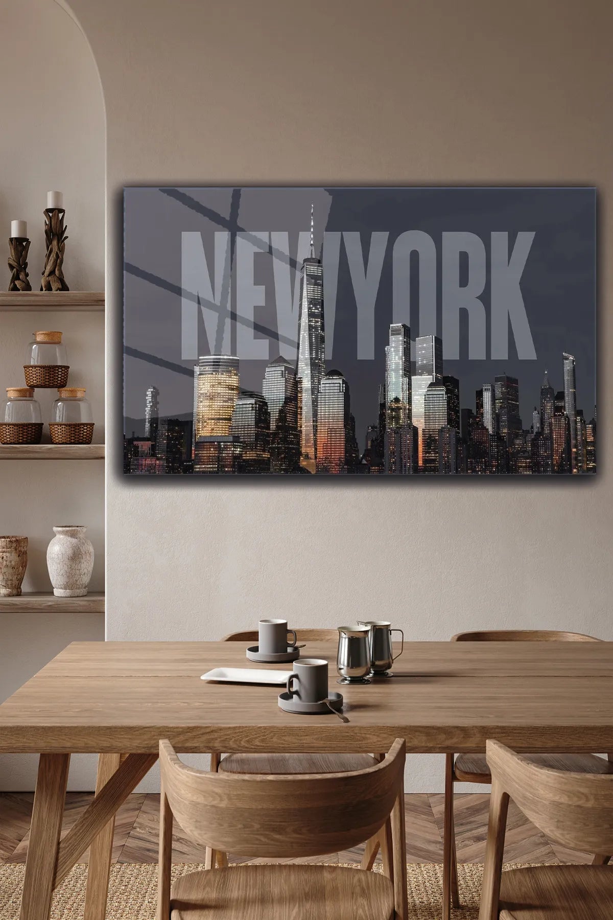 Gri Newyork Şehir Temalı, 4 mm Temperli, Kırılmaz UV Baskı Cam Tablo