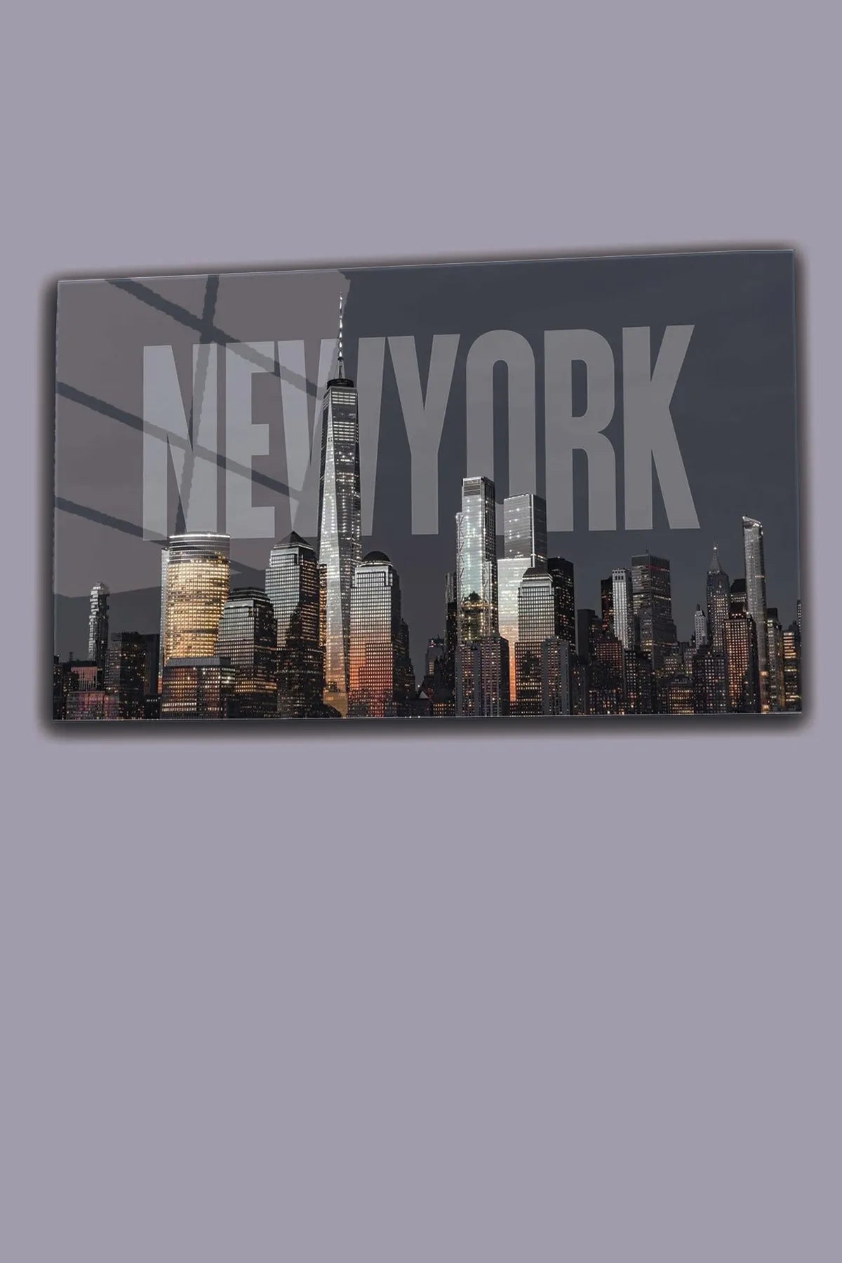 Gri Newyork Şehir Temalı, 4 mm Temperli, Kırılmaz UV Baskı Cam Tablo