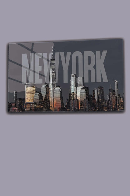 Gri Newyork Şehir Temalı, 4 mm Temperli, Kırılmaz UV Baskı Cam Tablo