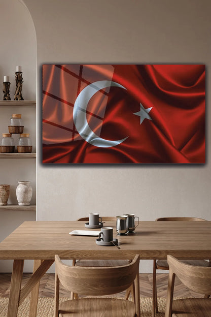 Kırmızı, Dalgalanan Türk Bayrağı Desen, 4 mm Temperli, Kırılmaz, UV Baskı Cam Tablo
