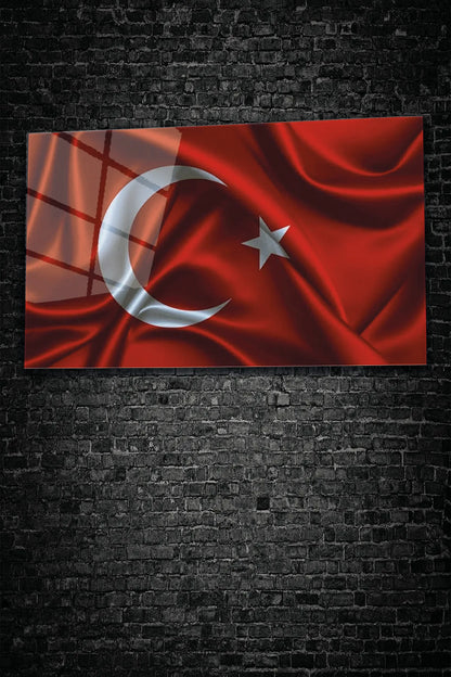 Kırmızı, Dalgalanan Türk Bayrağı Desen, 4 mm Temperli, Kırılmaz, UV Baskı Cam Tablo