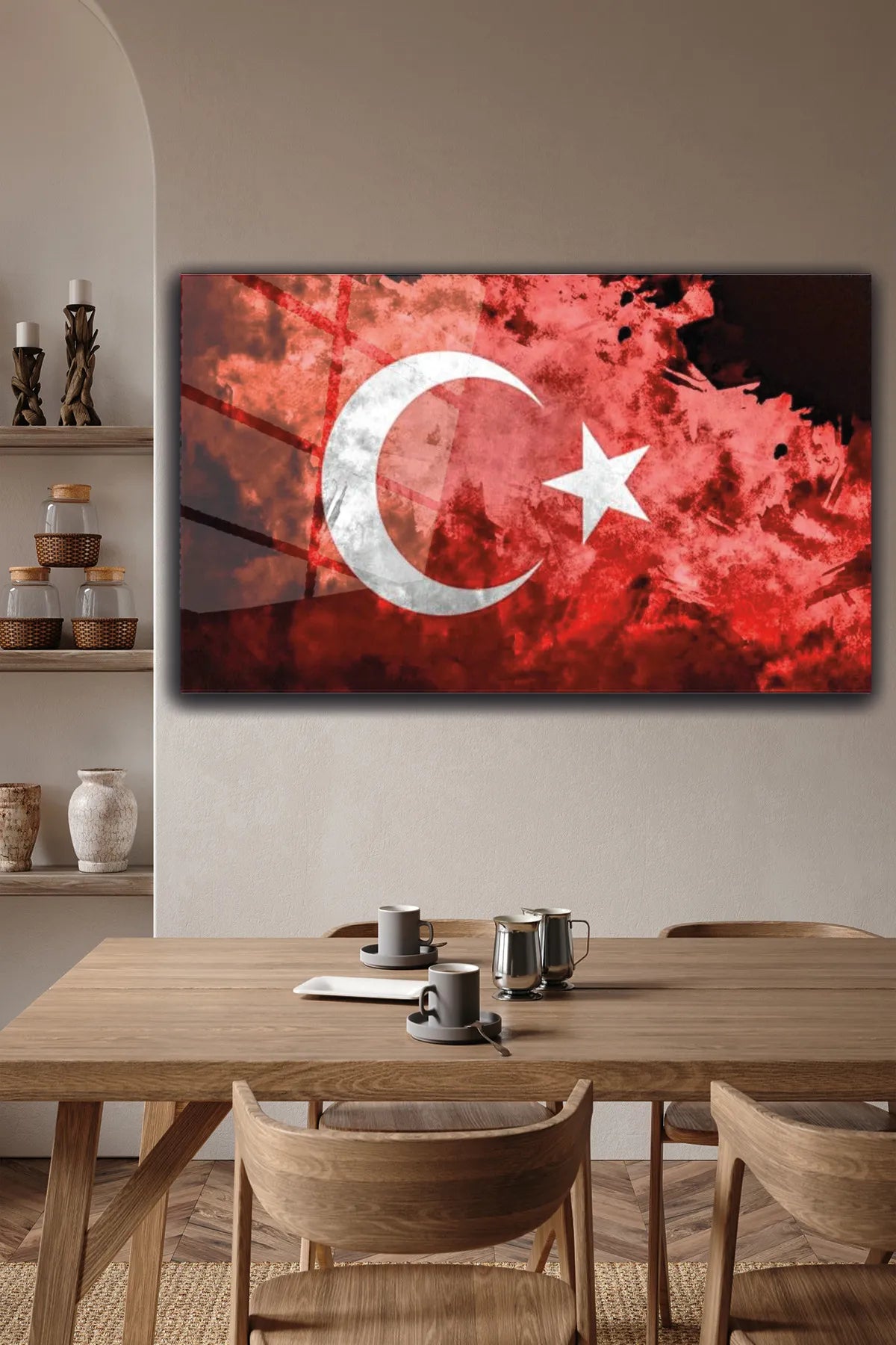 Kırmızı Türk Bayrağı Desenli, 4 mm Temperli Kırılmaz, UV Baskı, Cam Tablo