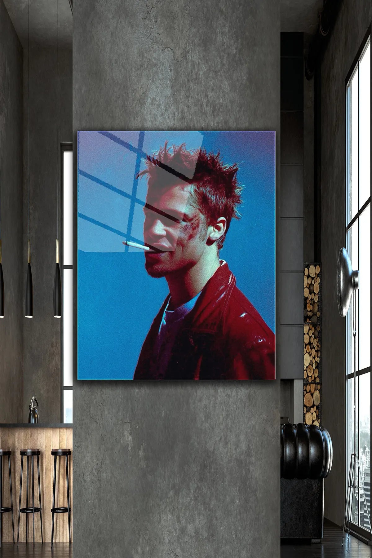 Mavi Fight Clup, Brad Pitt, 4 mm Temperli Kırılmaz, UV Baskı Cam Tablo