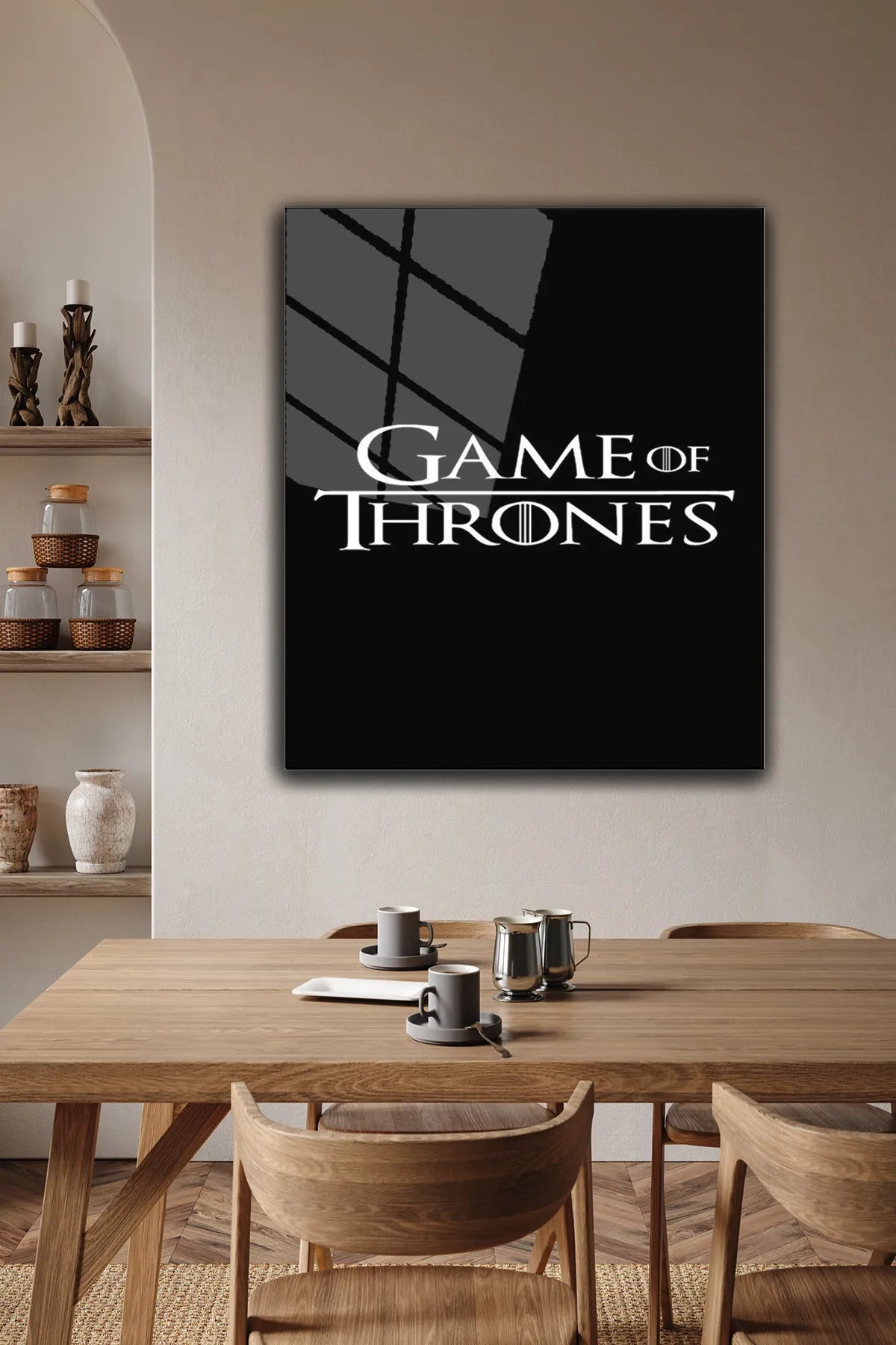 Siyah Game of Thrones Dizi Temalı, 4 mm Temperli Kırılmaz, UV Baskı Cam Tablo