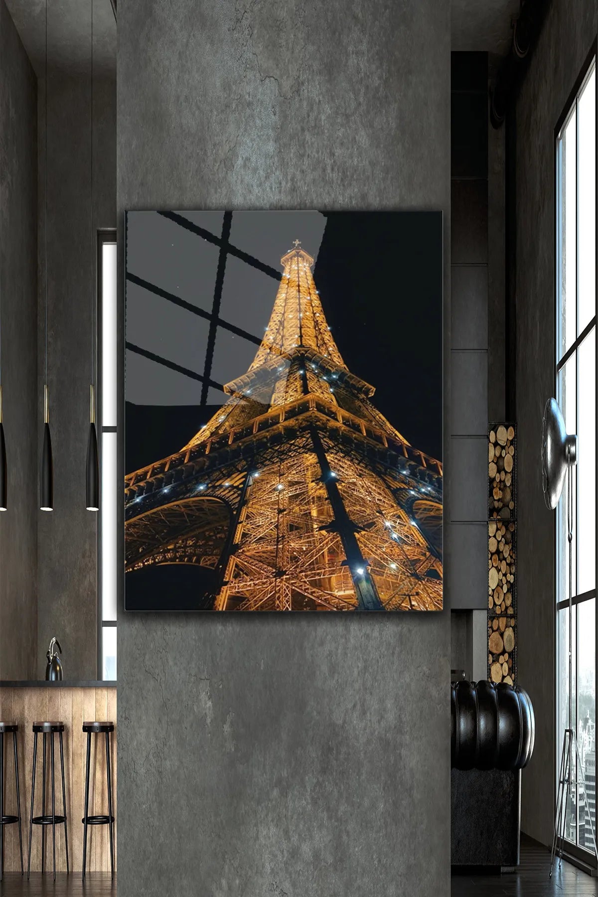 Siyah Paris, Parıltılı Eyfel Kulesi, 4 mm Temperli, Kırılmaz, UV Baskı Cam Tablo