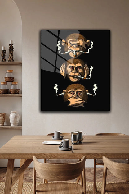 Siyah 3 Maymun Desenli, 4 mm Temperli Kırılmaz, UV Baskı Cam Tablo